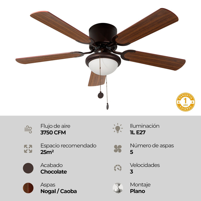 Ventilador 42" E27 1Luz 60W Acabado Chocolate