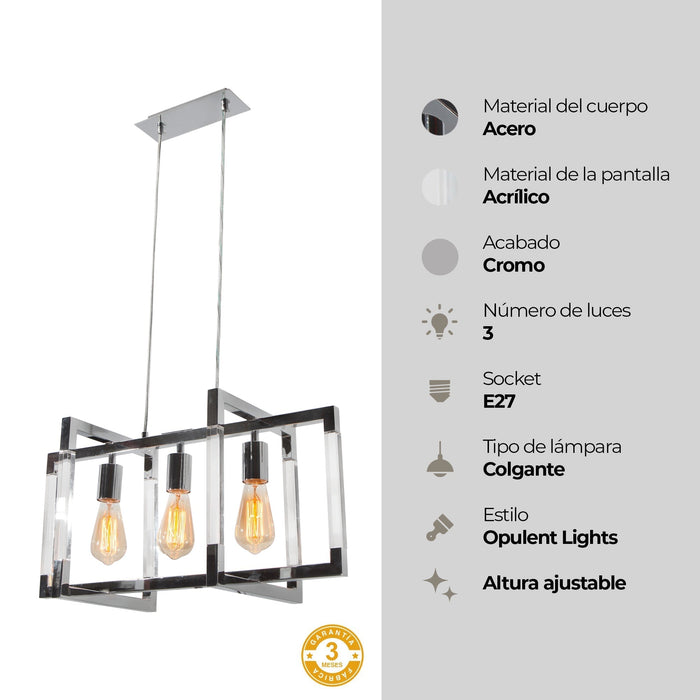 Lámpara Colgante Isla Cocina Rectangular Cromo 40W 3 Luces