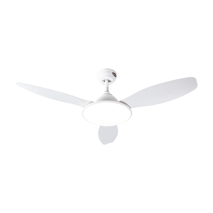 Ventilador de techo 48", 3 aspas, luz LED, control remoto, acabado blanco mate, 6 velocidades