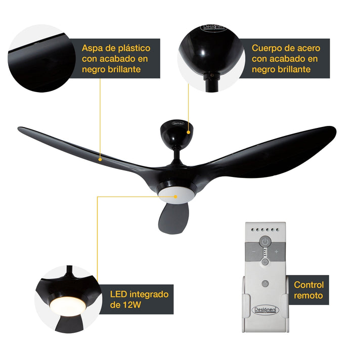 Ventilador de techo con luz LED, 52" acabado negro, con control remote, 3 aspas