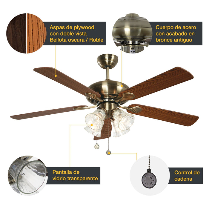 Ventilador Techo 52" Bronce 5 Aspas Reversibes 60W 3 Velocidades