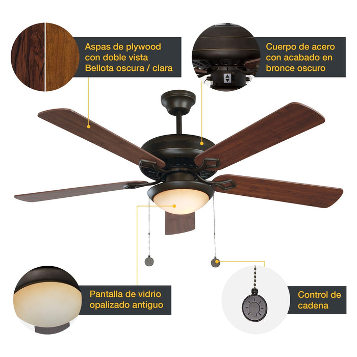 Ventilador Techo 52" Bronce 5 Aspas Reversibes 60W 3 Velocidades