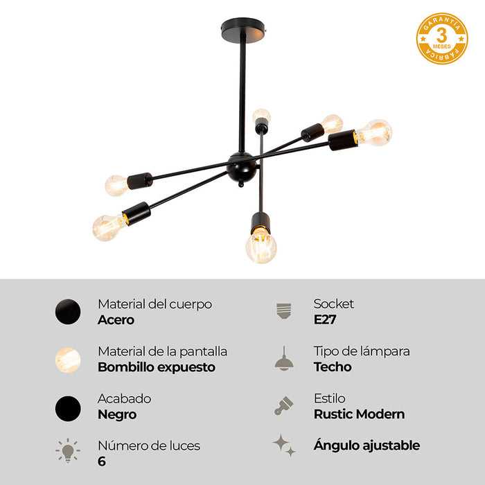 Lámpara de Techo Bronce 6 Luces  E27 60w mod negro