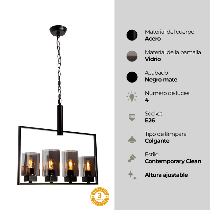 Lámpara Colgante Color Negro Mate 60 W de 4 Luces