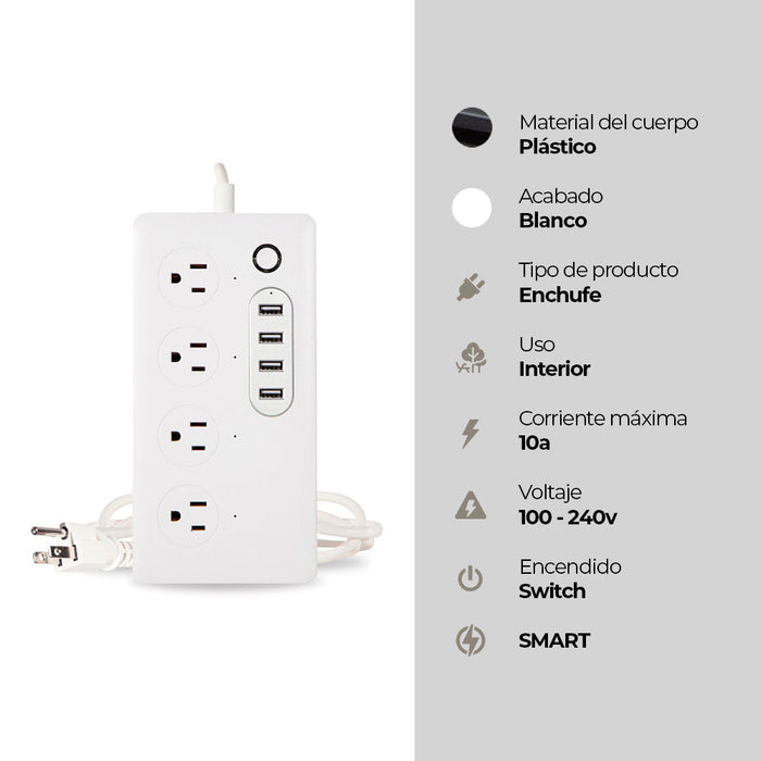 Barra multicontacto inteligente con 4 enchufes de electricidad y 4 USB