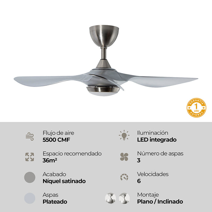 Ventilador LED 52" Níquel Satinado 20W Incluye Control Remoto