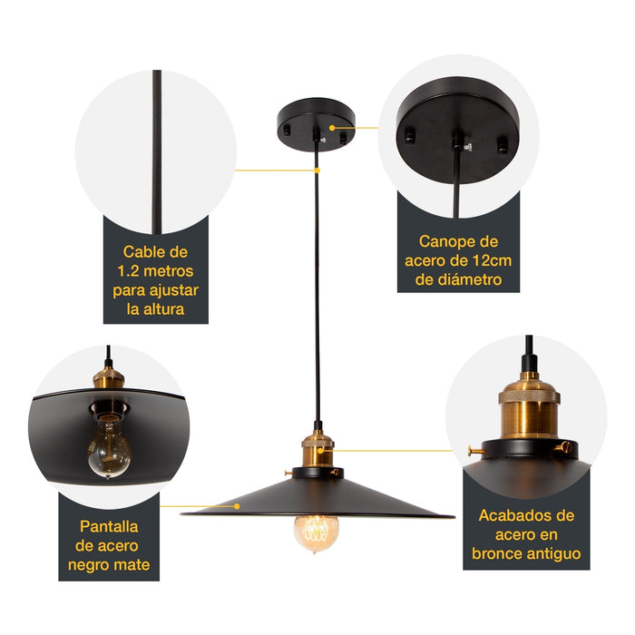 Lámpara Colgante Vintage Negro Mate E27 40W 1 Luz
