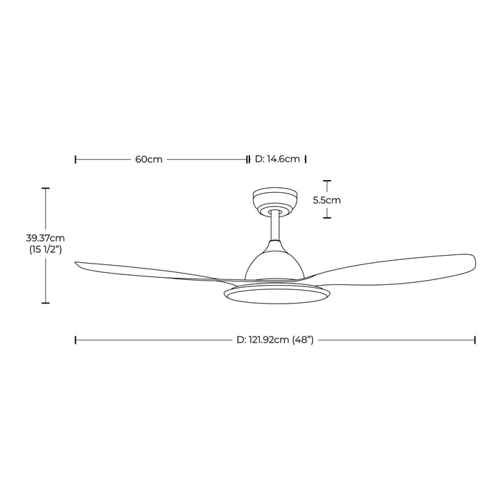 Ventilador de techo 48", 3 aspas, luz LED, control remoto, acabado blanco mate, 6 velocidades
