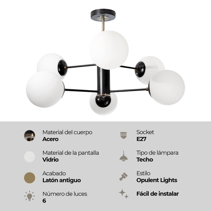 Lámpara Techo Negro Mate E27 40W 6 Luces