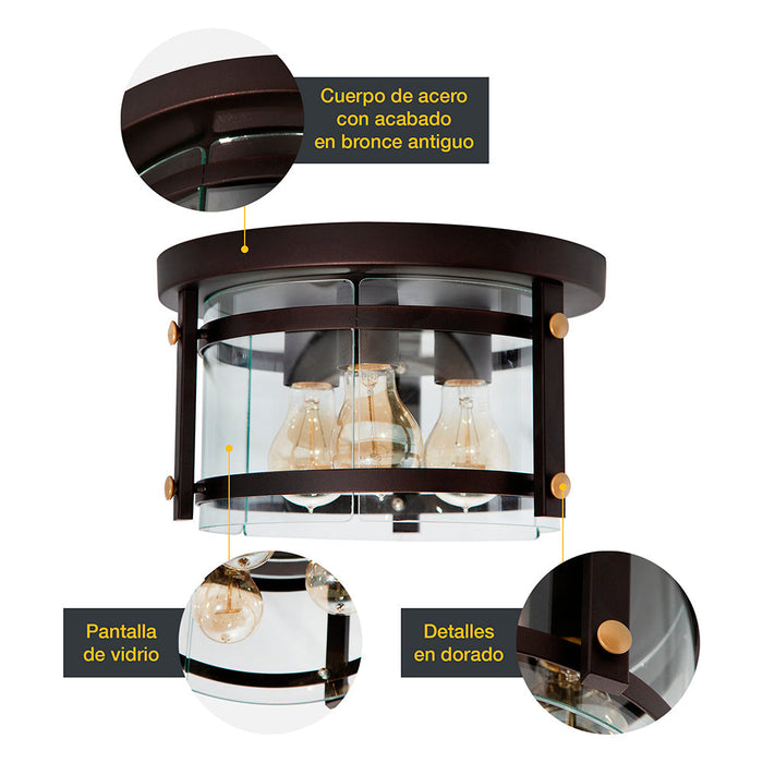 Lámpara de Techo  Café y Dorado Acero 60W  E27 3 Luces