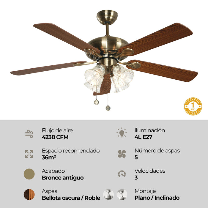 Ventilador Techo 52" Bronce 5 Aspas Reversibes 60W 3 Velocidades