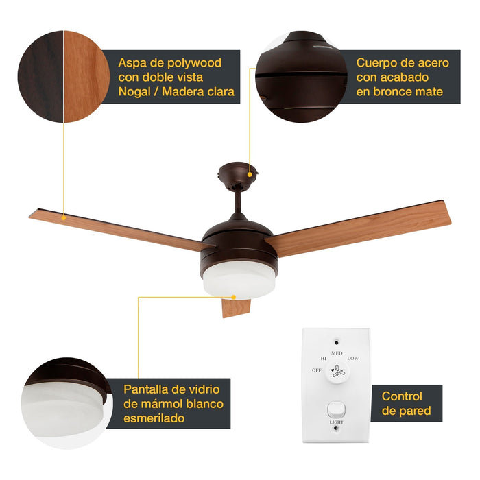 Ventilador De Techo 52" 3 Aspas 1L E27 Con Control De Pared.