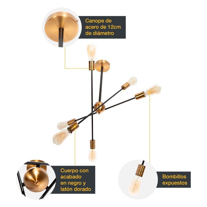 Lámpara de Techo Bronce 6 Luces  E27 60w