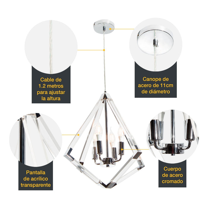 Lámpara Colgante Rústico Plata Cromo E12 40W 4 Luces