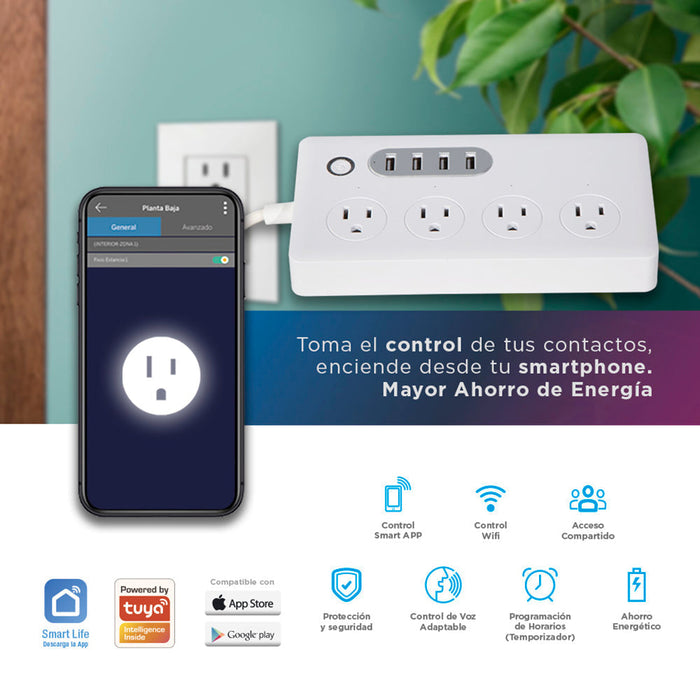 Barra multicontacto inteligente con 4 enchufes de electricidad y 4 USB