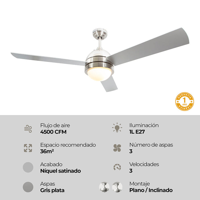 Ventilador de techo 52" Lumicentro Níquel Satinado 1 Luz E27