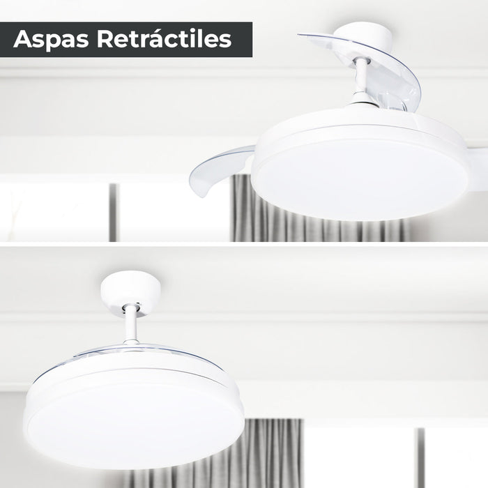 Ventilador De Techo Retractil 42", Luz LED, Blanco Mate, 3 Aspas, 6 Velocidades