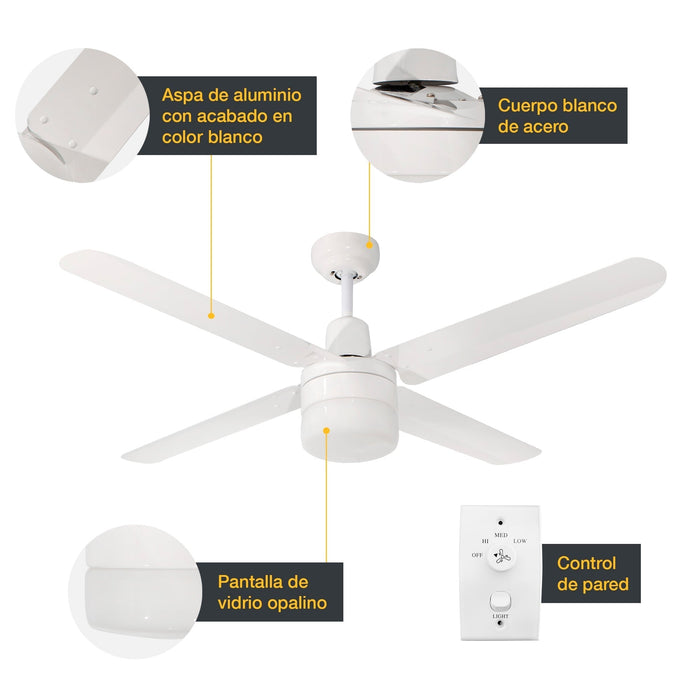 Ventilador De Techo 48" Blanco 1L E27 60W Con Control De Pared
