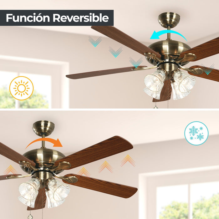 Ventilador Techo 52" Bronce 5 Aspas Reversibes 60W 3 Velocidades