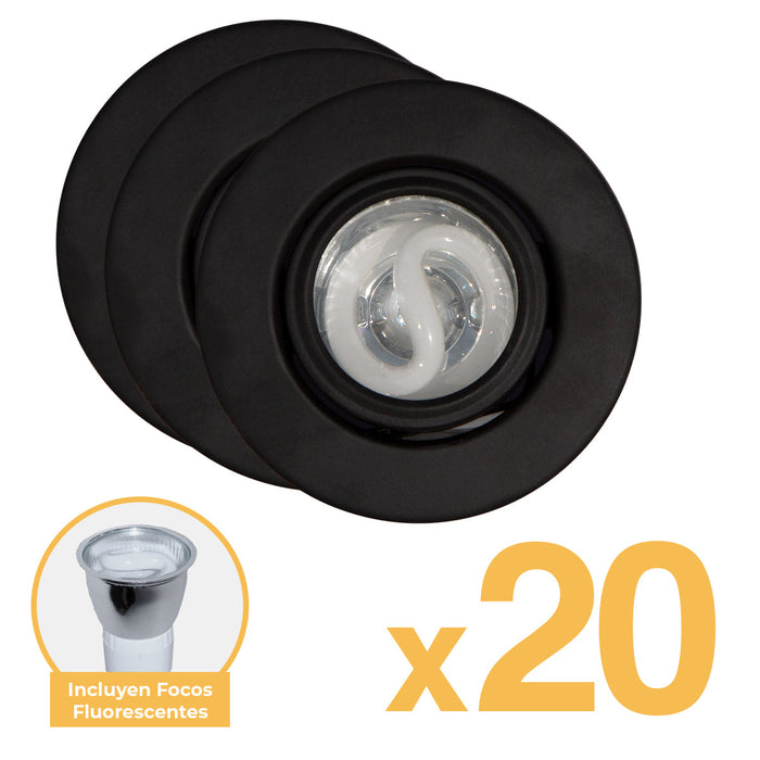 Kit 20 Base Empotrado Negro Gz10 7w + 20 Focos Fluorescentes