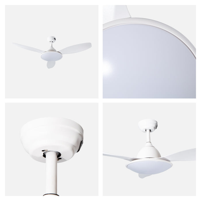 Ventilador de techo 48", 3 aspas, luz LED, control remoto, acabado blanco mate, 6 velocidades