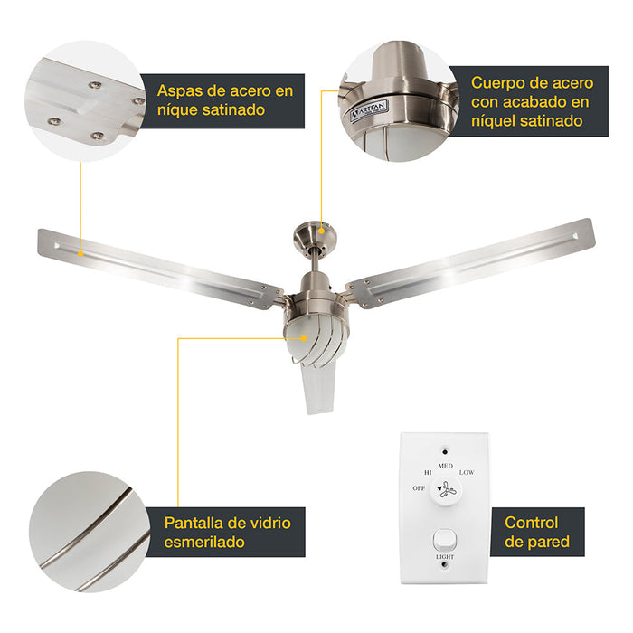 Ventilador de techo industrial plata 54", control de pared, 1 Luz