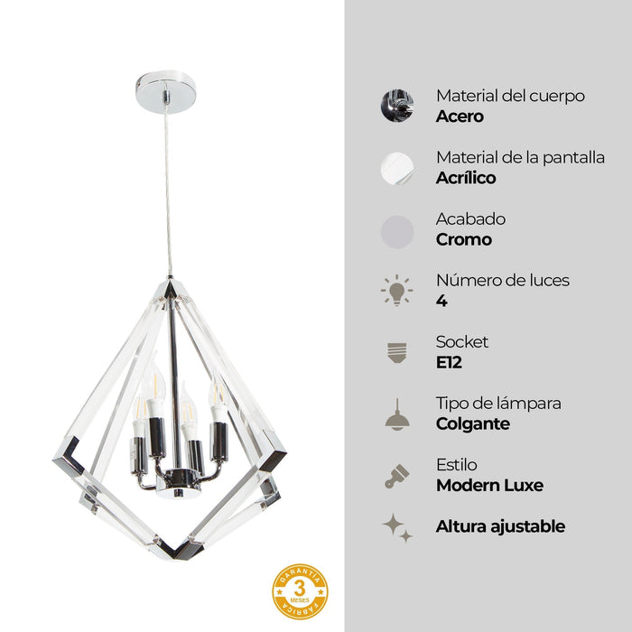 Lámpara Colgante Rústico Plata Cromo E12 40W 4 Luces