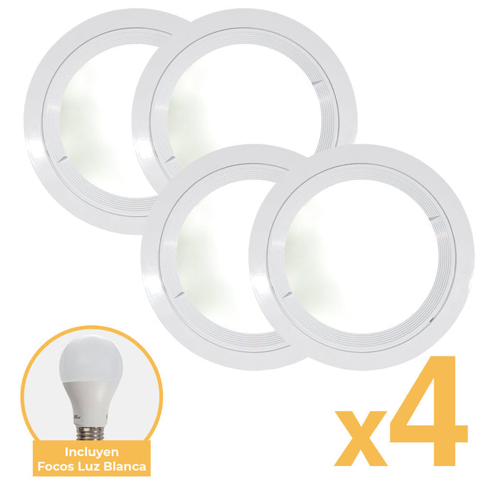Kit 4 Bases Spot Empotrable Blanco + 8 Focos E27 6500K 5W