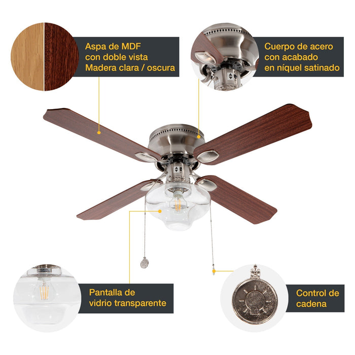 Ventilador de Techo 42 Madera 60W 4 Aspas Reversible 1 Luz