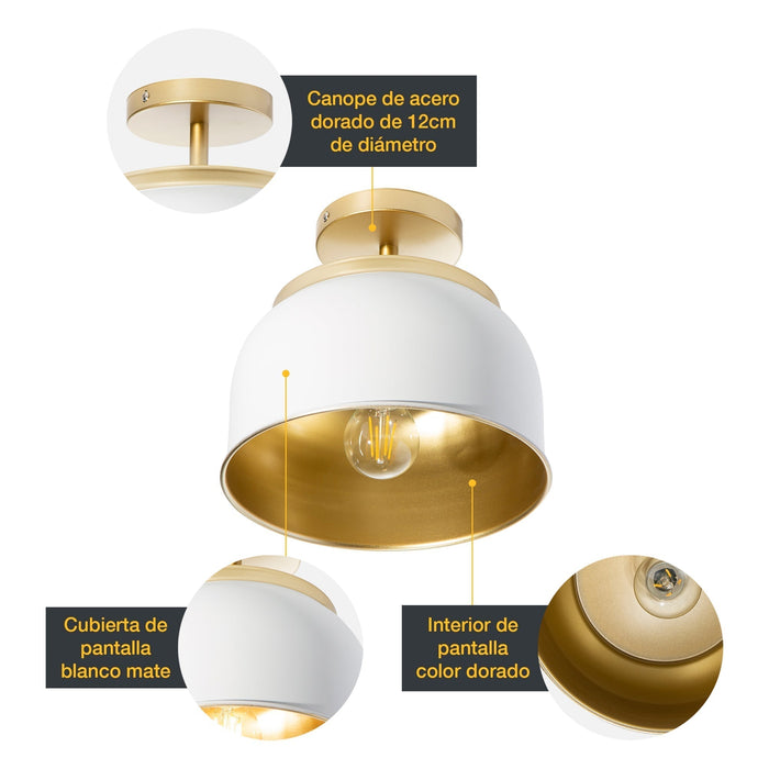 Lámpara de Techo Vintage Blanco Mate Oro 40W E27 1 Luz