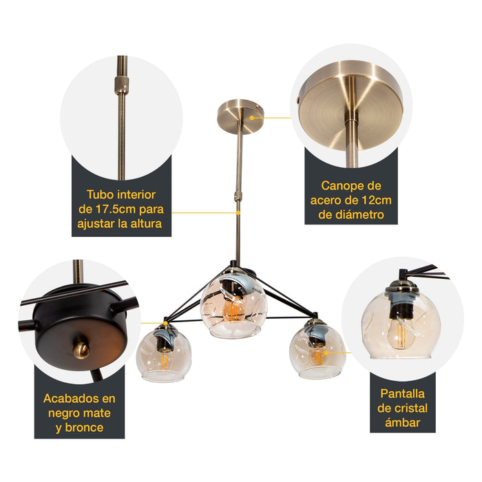 Lámpara Colgante Negro Cobre E27 40W 3 Luces