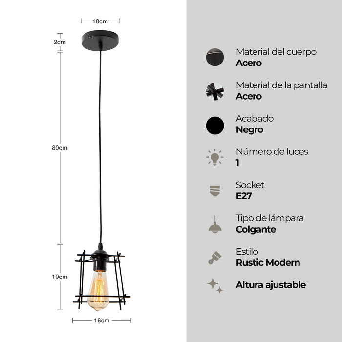 Lámpara Colgante Moderno Negro 60w E27 1 Luz