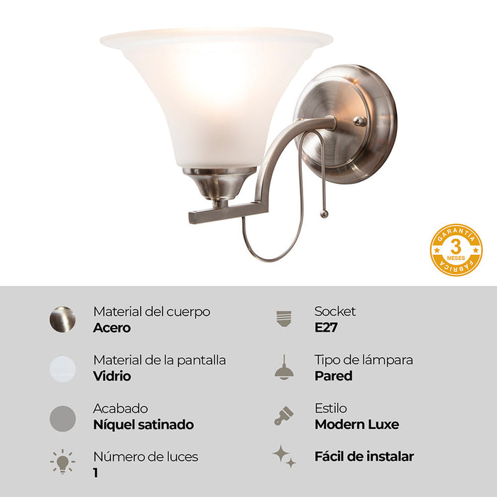 Aplique De Pared Níquel Satinado 60w E27 1 Luz