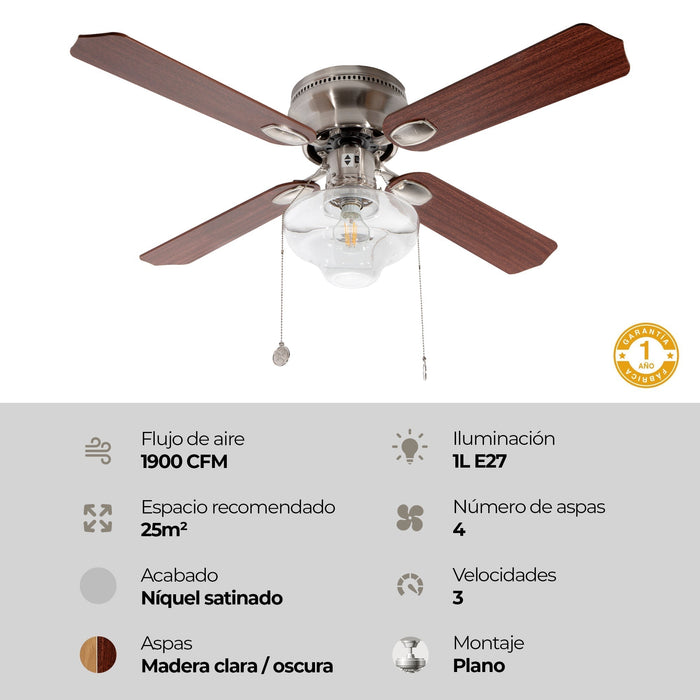 Ventilador de Techo 42 Madera 60W 4 Aspas Reversible 1 Luz
