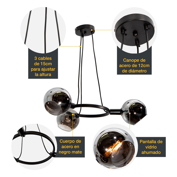 Lámpara de Techo Negro Mate Ahumado E14 40W 3 Luces