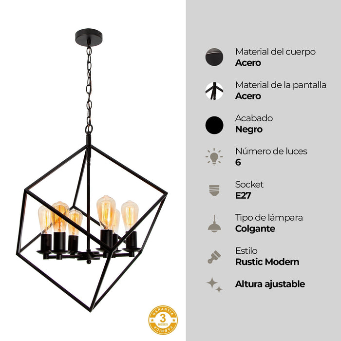 Lámpara Colgante Vintage Candil Negro 60w E27 6 Luces