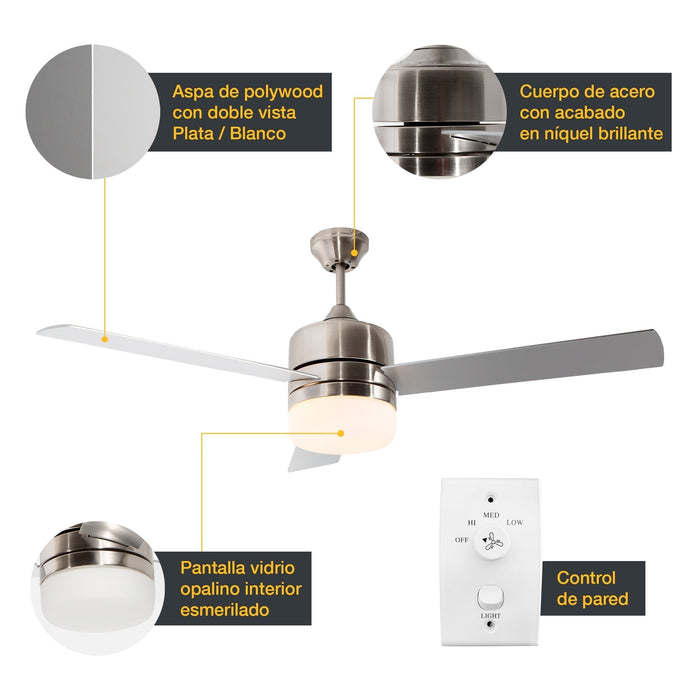 Ventilador De Techo 52" 3 Aspas 2L E27 Con Control De Pared.
