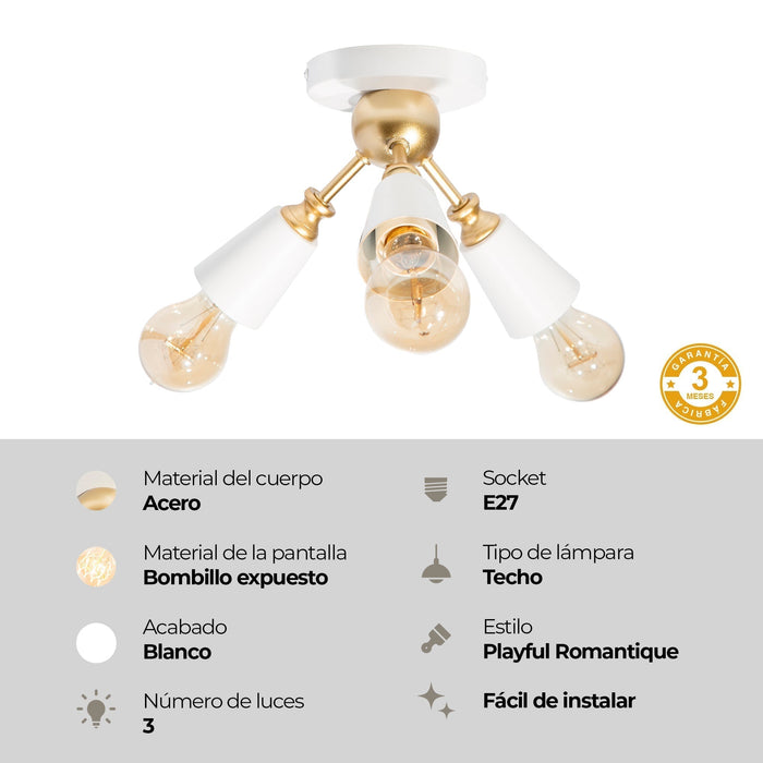 Lámpara de Techo Vintage Blanco Mate Oro 40W E27 3 Luces