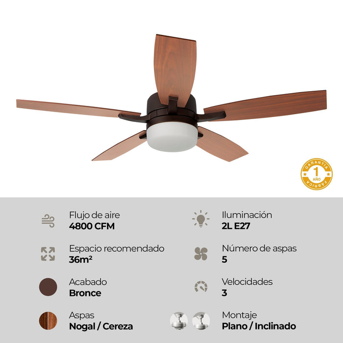 Ventilador De Techo 52" Bronce 2L E27 40W Con Control De Pared