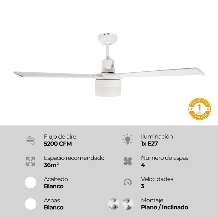 Ventilador De Techo 48" Blanco 1L E27 60W Con Control De Pared