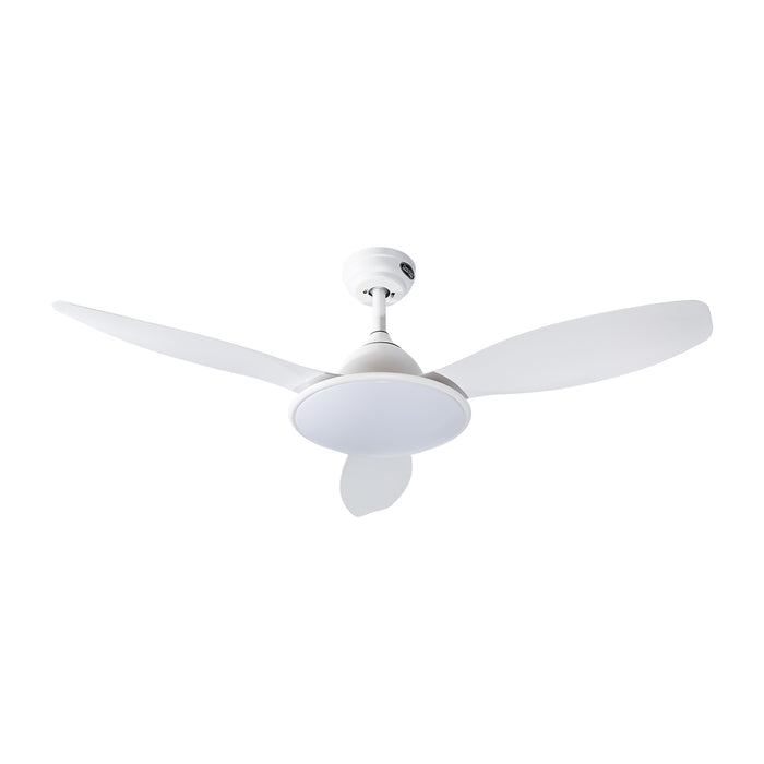 Ventilador de techo 48", 3 aspas, luz LED, control remoto, acabado blanco mate, 6 velocidades