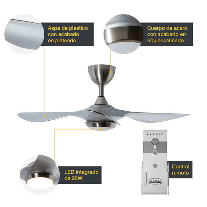 Ventilador LED 52" Níquel Satinado 20W Incluye Control Remoto