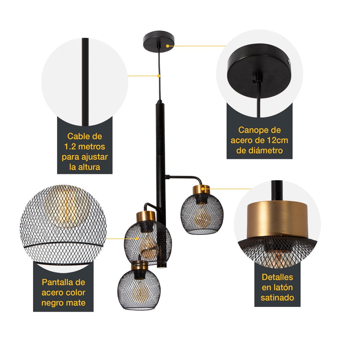 Lámpara Colgante Moderna Negro E27 40w 3 Luces