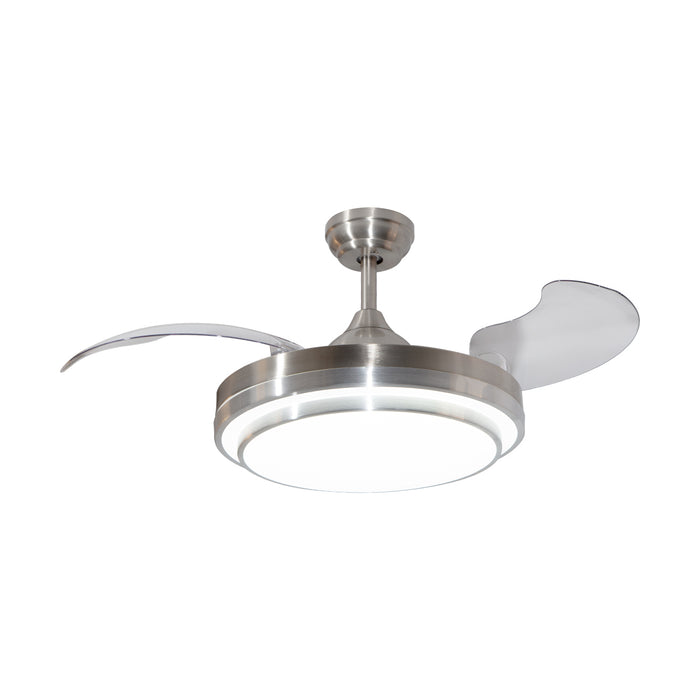 Ventilador de techo retráctil 42”, LED 3000K/4000K/6500K, acabado níquel satinado, 6 velocidades, control remoto