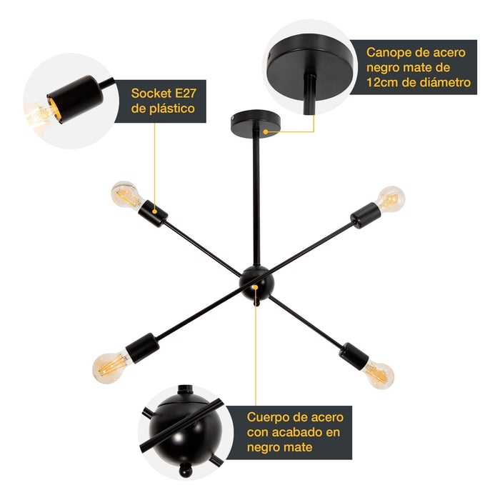 Lámpara Colgante Moderno Negro 60w E27 4 Luces