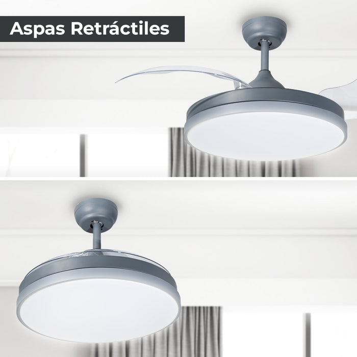 Ventilador De Techo Retráctil 42", Luz LED, Gris Mate, 3 Aspas, 6 Velocidades