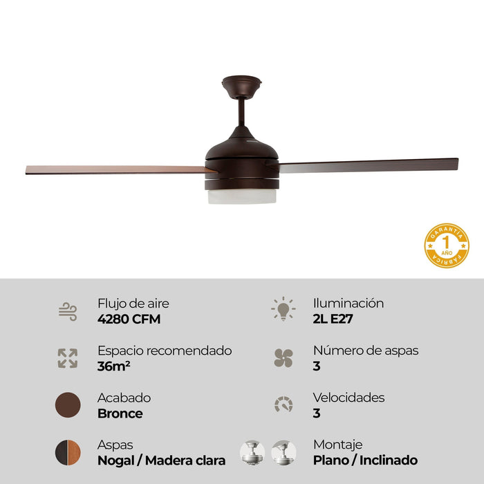 Ventilador De Techo 52" 3 Aspas 1L E27 Con Control De Pared.