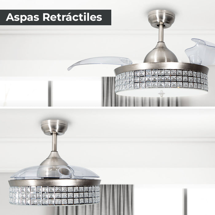 Ventilador De Techo Retráctil 42", Luz LED, Cromo, 3 Aspas, 6 Velocidades