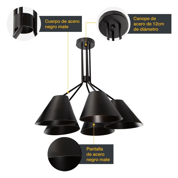 Lámpara Colgante Dark Decor Negro E27 60w 5 Luces