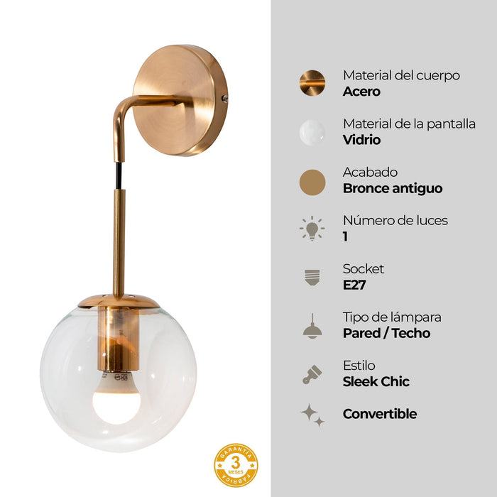 Lámpara Colgante Moderna Convertible Pared Bronce E27 1 Luz